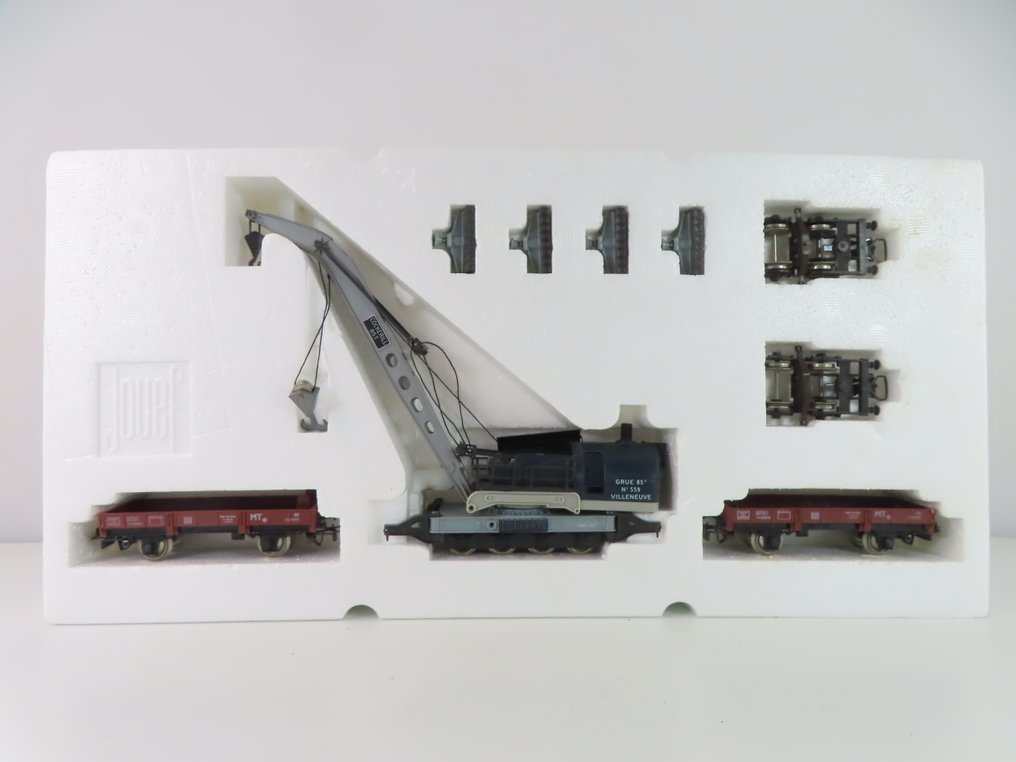 Jouef H0 - 6963 - Modeltog godsvogn sæt (1) - 3-delt kranvognsæt med 8-akslet kranvogn og ledsagende lave åbne ladbiler - SNCF #1.0
