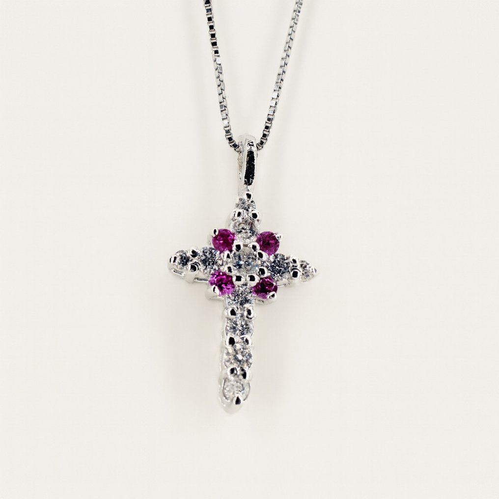 Zonder Minimumprijs - Halsketting - 18 karaat Witgoud Diamant (Natuurlijk) - Robijn #3.2