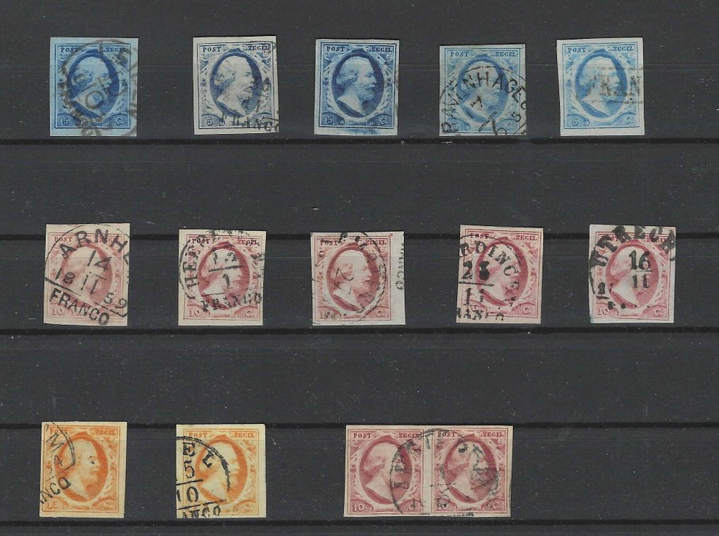 Netherlands 1852 - King William III - beautiful selection, well framed. - NVPH 1/3 #1.0