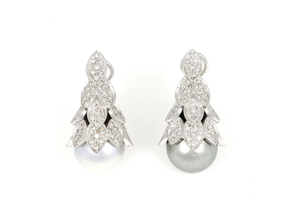 χωρίς τιμή ασφαλείας - Σκουλαρίκια - 18 καράτια Λευκός χρυσός -  2.10ct. tw. Διαμάντι (Φυσικό)  - Μαργαριτάρι #1.0