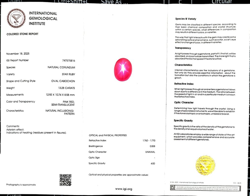 Ingen mindstepris Lyserød Stjernerubin - 13.28 ct - International Gemological Institute (IGI) #2.1