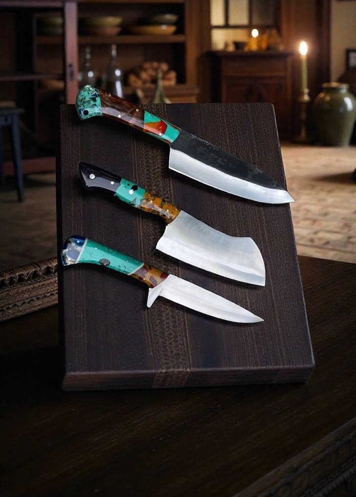 Set of THREE, Hand-Forged with Old Steel, Japanese Style Knives from Elite - Μαχαίρι κουζίνας - Chef's knife - Χάλυβας, Ξύλο, Εκλεκτό σετ 3 τεμαχίων, χειροποίητα σφυρηλατημένα ιαπωνικά παλαιά ατσάλι, αντίκες μαχαίρια - Ιαπωνία #3.2