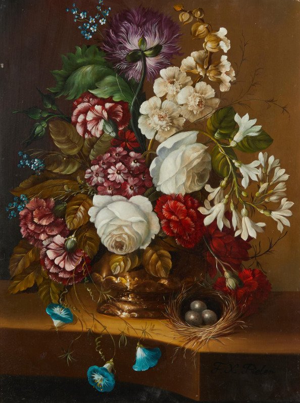 Franz Xaver Pieler (1876/79-1952) - Blumenstillleben mit Vogelnest #1.0