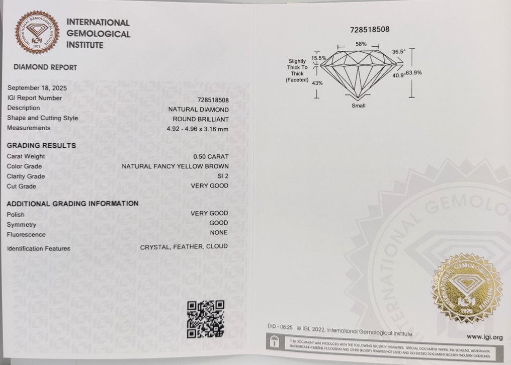 没有保留价 - 1 pcs 钻石 (天然色彩的) - 0.50 ct - 圆形 - Fancy 黄色 棕色 - SI2 微内含二级 - 国际宝石研究院(IGI) #4.3