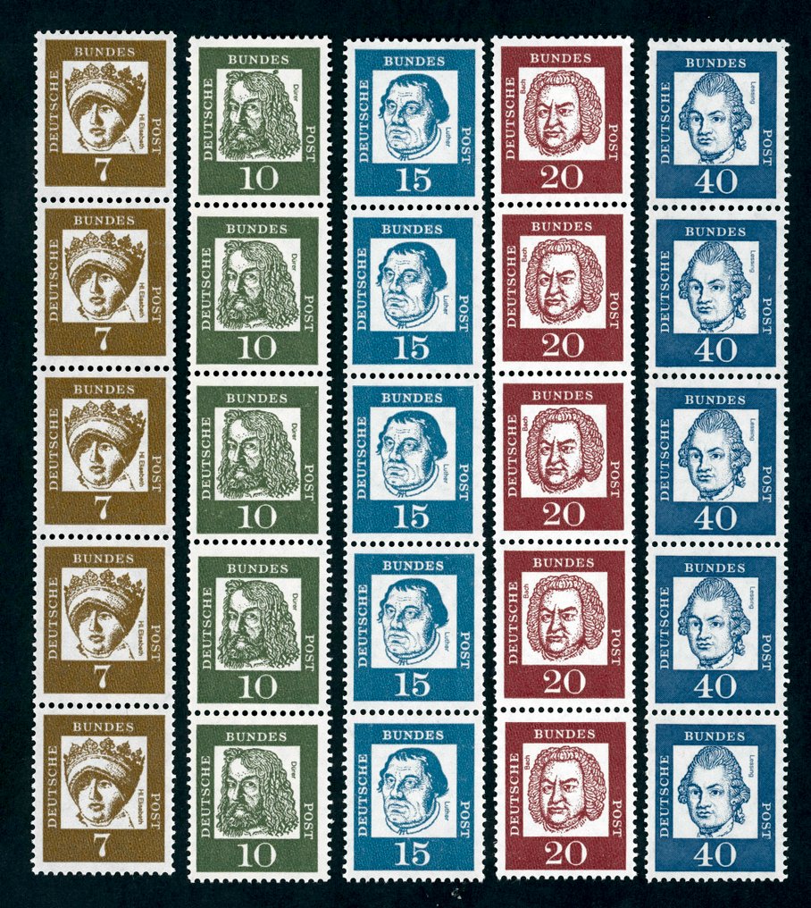 Germany, Federal Republic 1961 - 7, 10, 15, 20, 40 Pf. German, ordinary paper, vertically aligned, 5-note strips with red numbering. - Rollenmarken-Bed. Deutsche #1.0