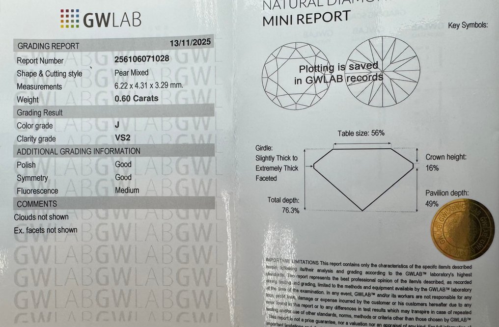 沒有保留價 - 1 pcs 鑽石  (天然)  - 0.60 ct - 梨形 - J(極微黃、從正面看是亮白色) - VS2 - Gemewizard Gemological Laboratory (GWLab) #2.1