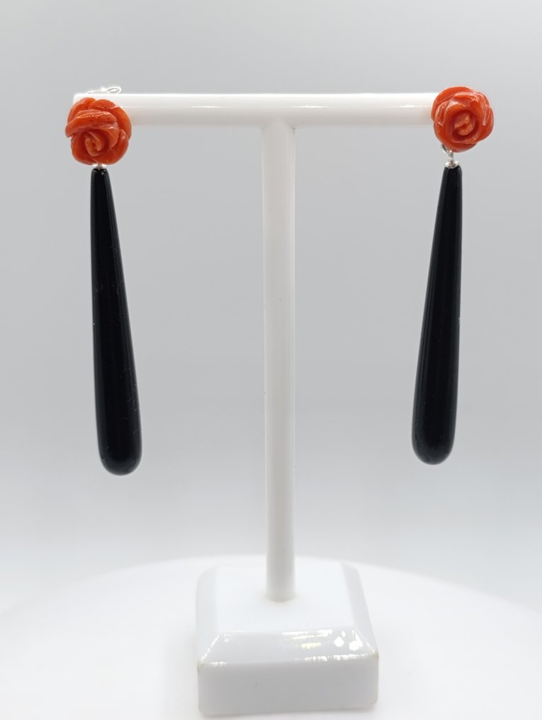Nincs minimálár - Drop fülbevaló Ezüst, Onix és korall Szardíniából, természetes Korall - Ónix - Korall fülbevalók Szardínián #3.2