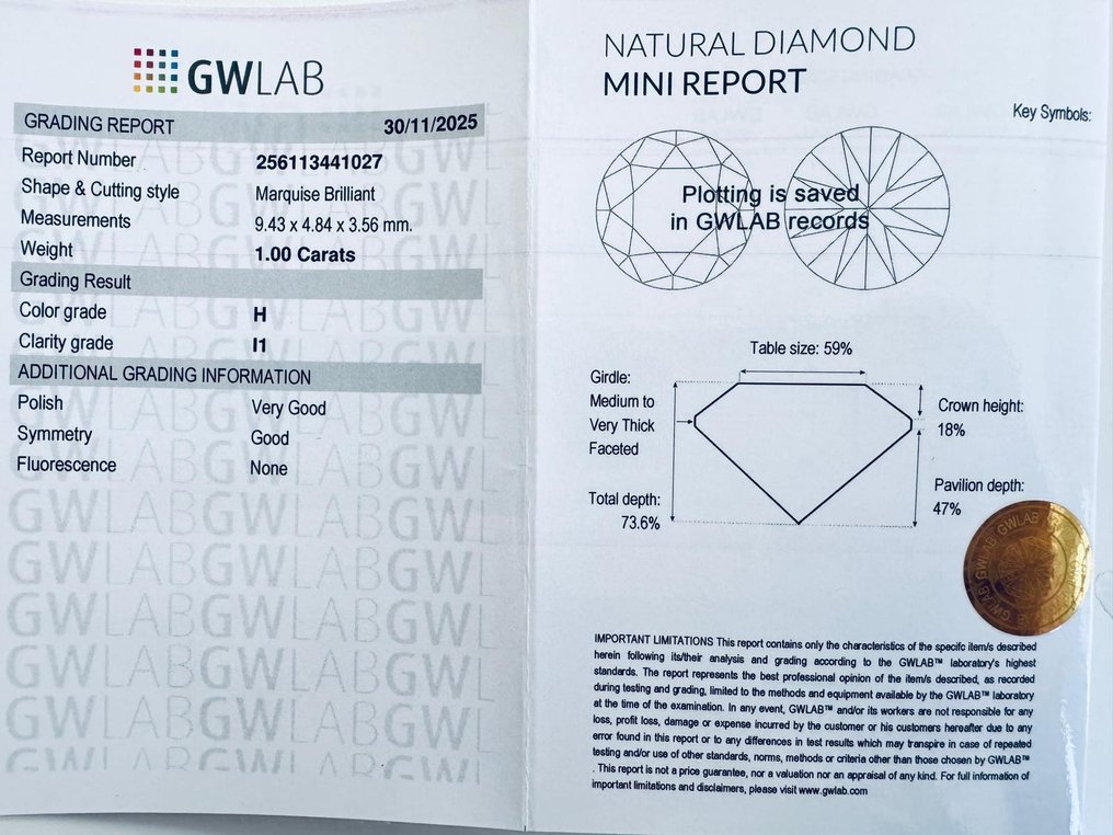 χωρίς τιμή ασφαλείας - 1 pcs Διαμάντι (Φυσικό) - 1.00 ct - Μαρκησία - H - I1 - Gemewizard Gemological Laboratory (GWLab) #3.2
