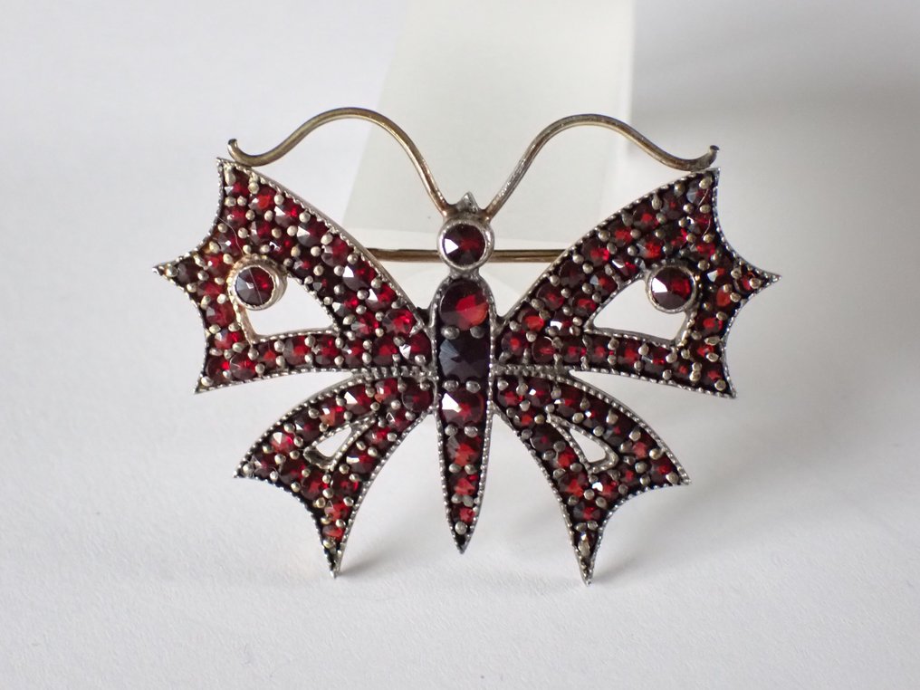 Argento - Spilla - Vlinder - Boheemse Granaat #2.1