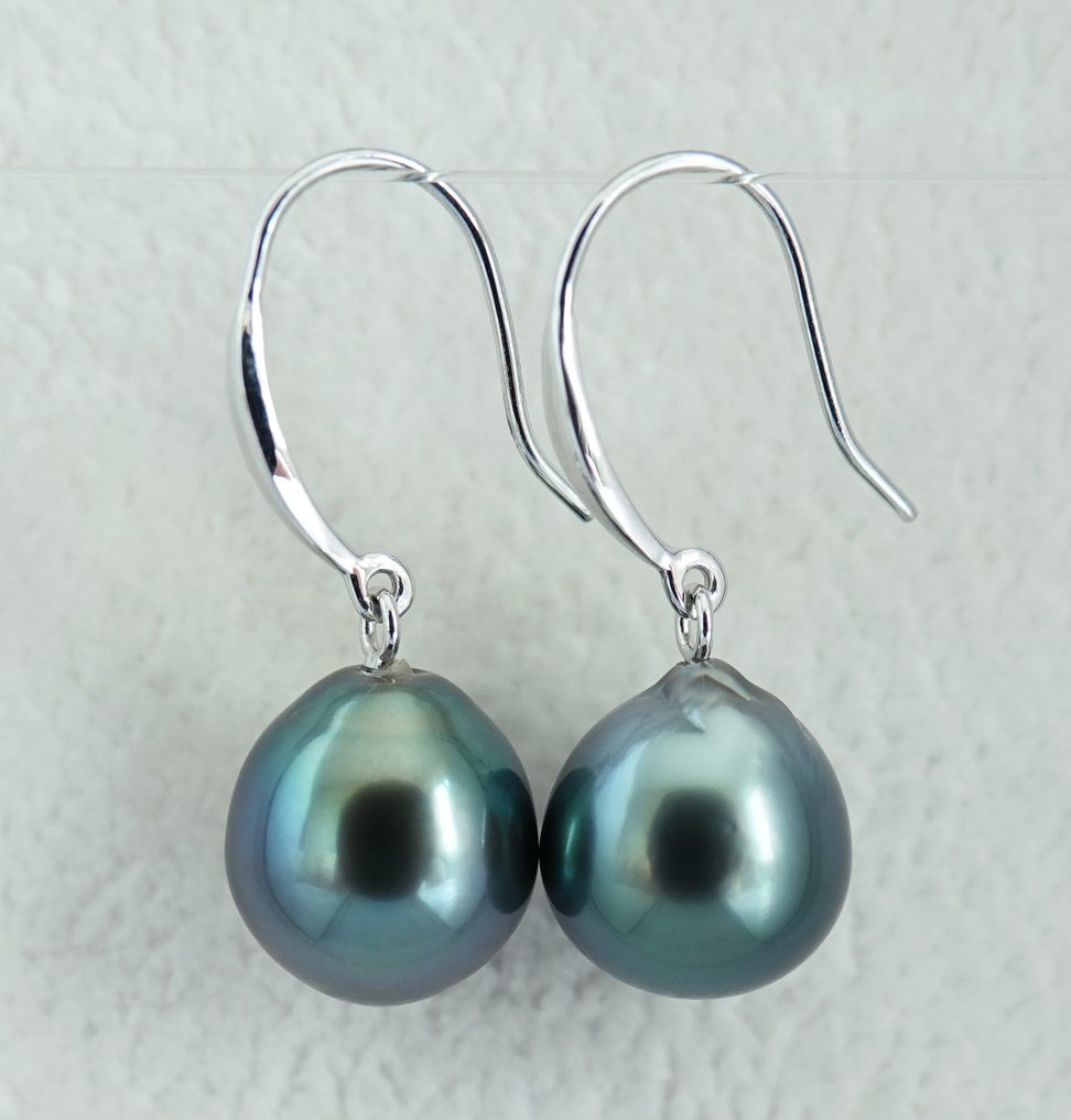 没有保留价 - 耳环 - 18K包金 白金 珍珠 - 深蓝绿色，塔希提 #4.3