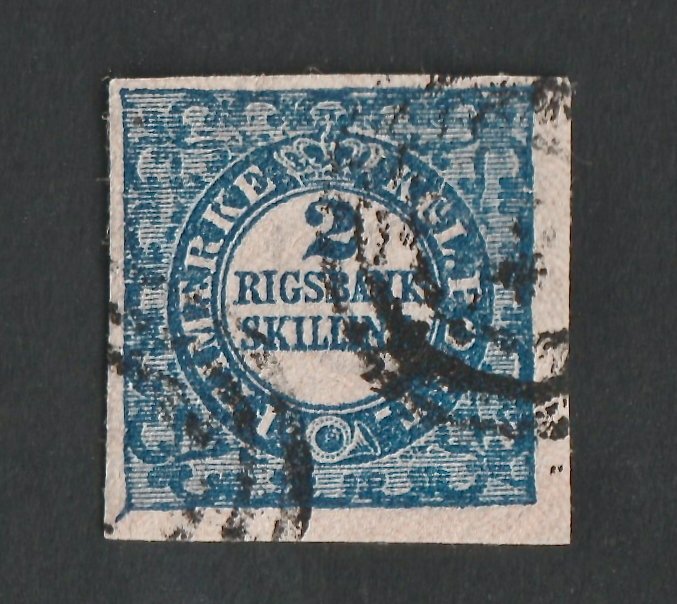 Î”Î±Î½Î¯Î± 1852 - Πιστοποιητικό Σήμα 2 Δαχτυλίδι τρύπας μπλε 3-δαχτυλιδι αριθμητικό σφράγισμα «1» - Πιστοποιητικό - - Michel 2II, Scott 1, Afa 2b Yvert N. 1 #1.0