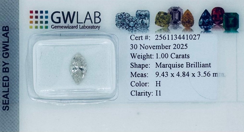 χωρίς τιμή ασφαλείας - 1 pcs Διαμάντι (Φυσικό) - 1.00 ct - Μαρκησία - H - I1 - Gemewizard Gemological Laboratory (GWLab) #2.1