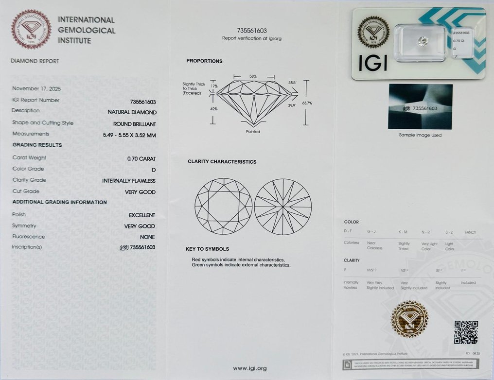 1 pcs Diamond (Natural) - 0.70 ct - Round - D (colourless) - IF - International Gemological Institute (IGI) - *VG EX None* #2.1