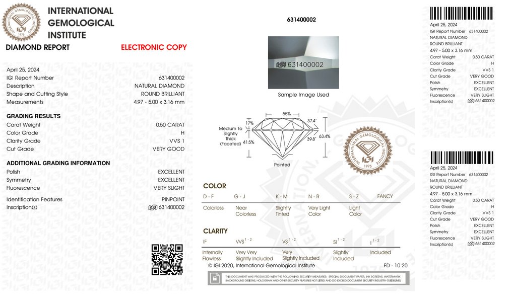 没有保留价 - 1 pcs 钻石 (天然) - 0.50 ct - 圆形 - H - VVS1 极轻微内含一级 - 国际宝石研究院(IGI) - *VG EX VSL* #2.1