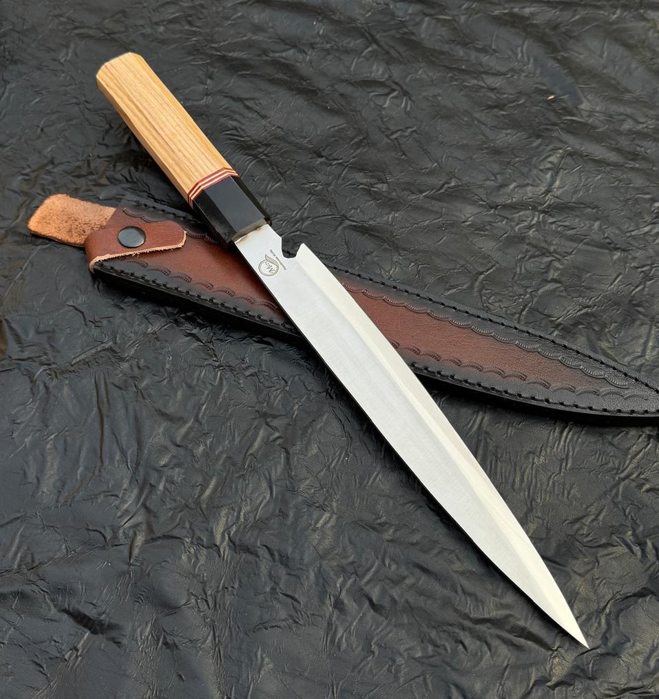 厨刀 - 日式风格。手工厨房刀，非洲乌木。升起，皮革10/45 - 亚洲 #3.2