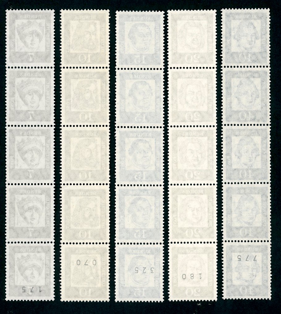 Germany, Federal Republic 1961 - 7, 10, 15, 20, 40 Pf. German, ordinary paper, vertically aligned, 5-note strips with red numbering. - Rollenmarken-Bed. Deutsche #1.0