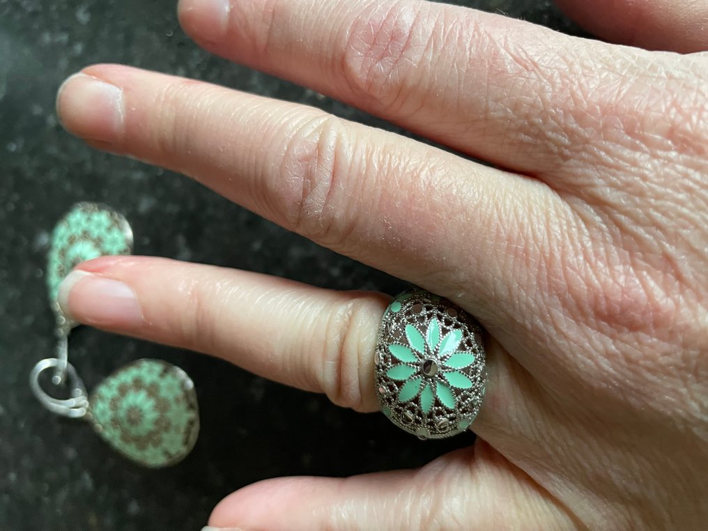 χωρίς τιμή ασφαλείας - Σετ κοσμημάτων 3 τεμαχίων Ασημί, σμάλτο - Βάλε σκουλαρίκια και δαχτυλίδι. #2.1