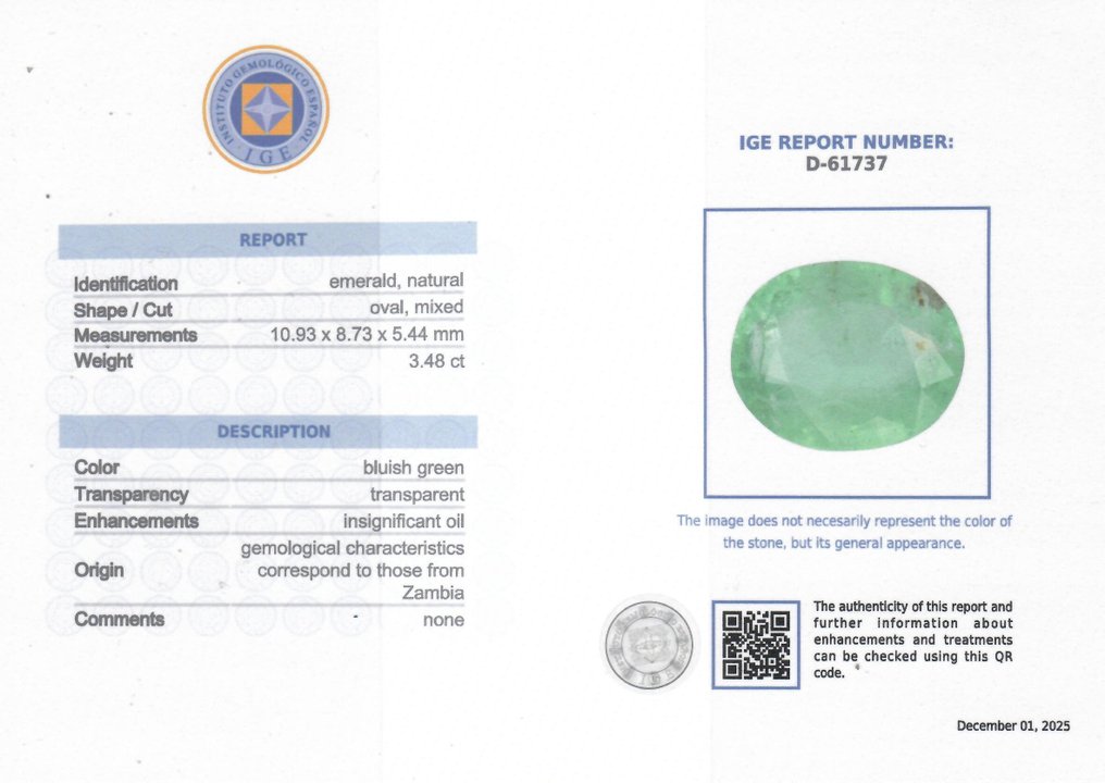 1 pcs  绿色 祖母绿  - 3.48 ct - 西班牙宝石学院（IGE） - 微不足道的油 #2.1