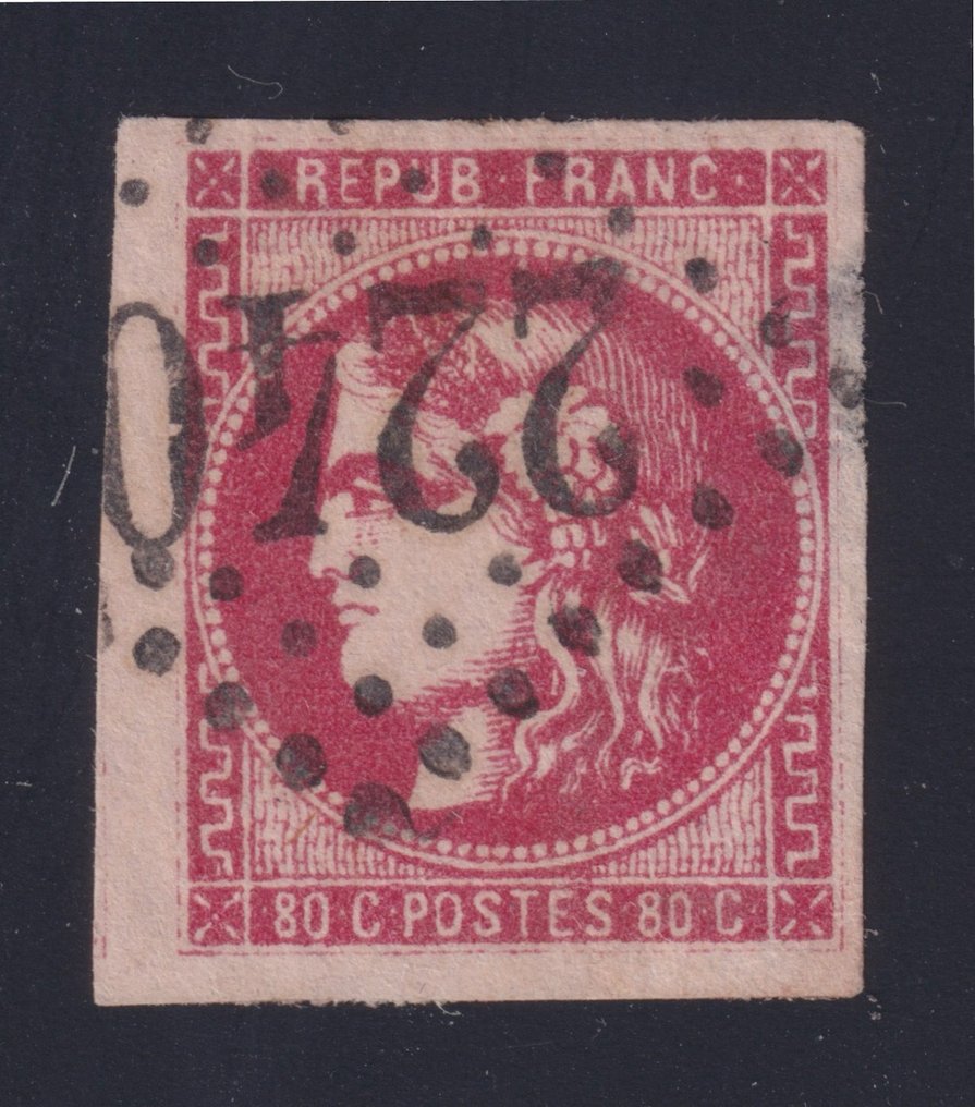 法國 1870 - 波尔多发行，编号49号“非常鲜艳的玫瑰红”邮戳GC，签名为Calves和Jacquart - Yvert #1.0