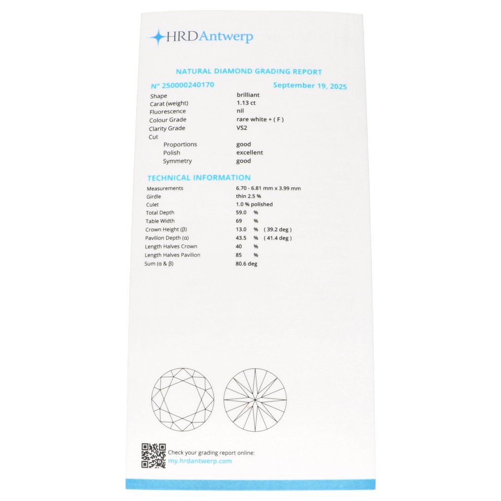 No Reserve Price - 1 pcs Diamond  (Natural)  - 1.13 ct - Round - F - VS2 - HRD Antwerp #3.2