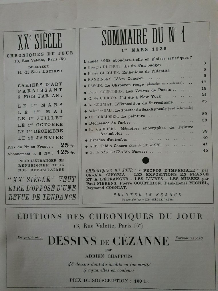 Kandinsky, Pascin, De Chirico, Picasso, Le Corbusier, Miro, Zadkine, Arp, Bonnard, Man Ray, etc - XXe Siècle: 1er année no. 1 & 2 - 1938 #1.0