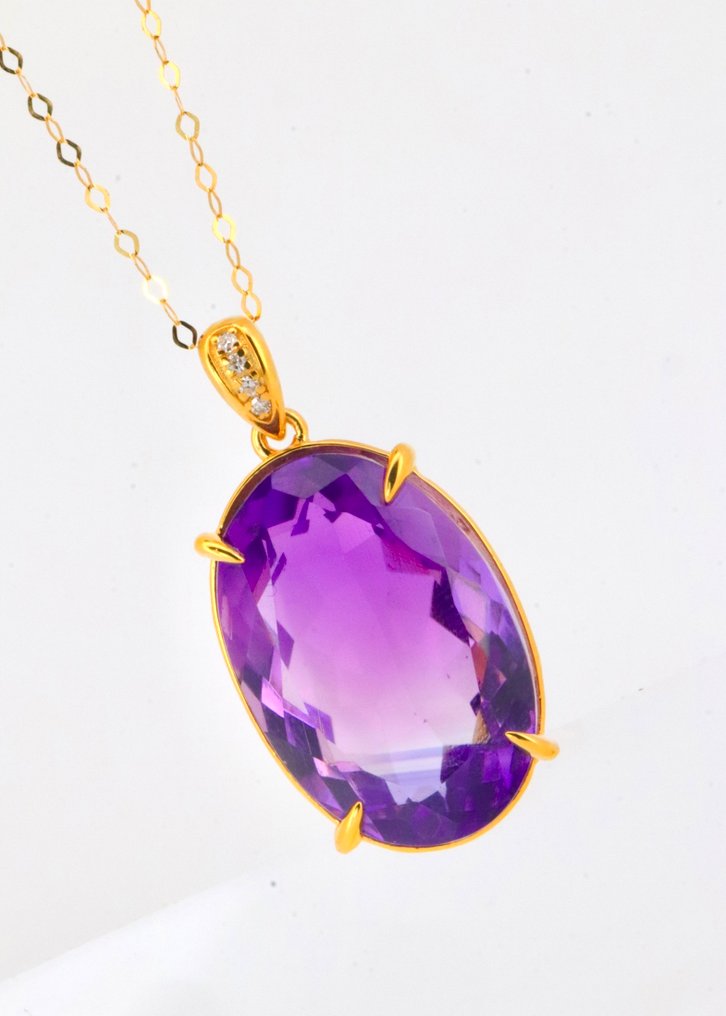 Sans Prix de Réserve - Pendentif - 14 carats Or jaune Améthyste - Diamant #2.1