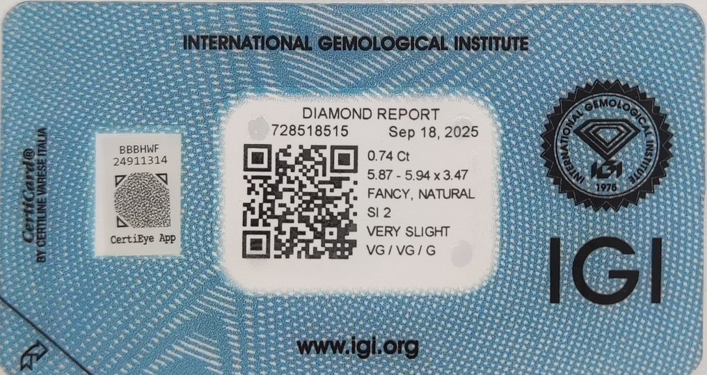 Sans Prix de Réserve - 1 pcs Diamant (Couleur naturelle) - 0.74 ct - Rond - Fancy light Brun Jaune - SI2 - International Gemological Institute (IGI) #2.1