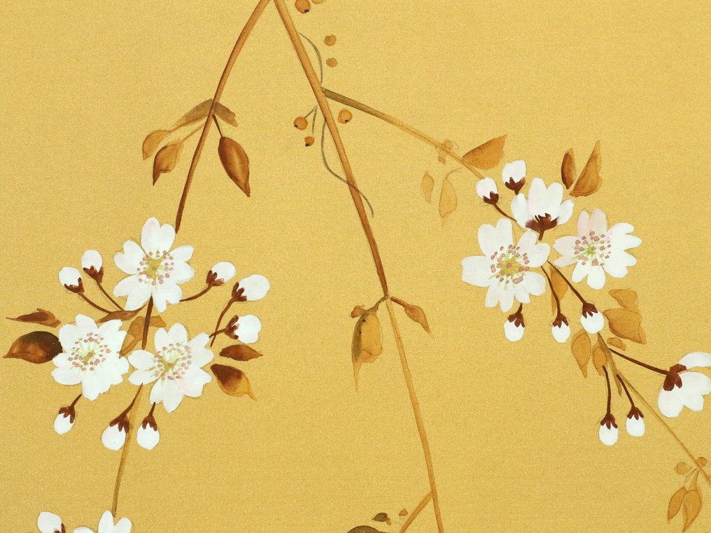 Byōbu folding screen - Cherry Blossoms and Sparrows - Morishima Mifune (森島美舟) - Japan  (No Reserve Price) #4.3