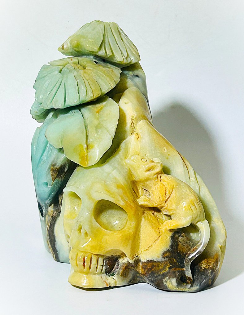 Floral Amazonite Skull with Mouse One-of-a-Kind Fantasy Carving - Height: 131 mm - Width: 105 mm- 724 g - (1) #1.0