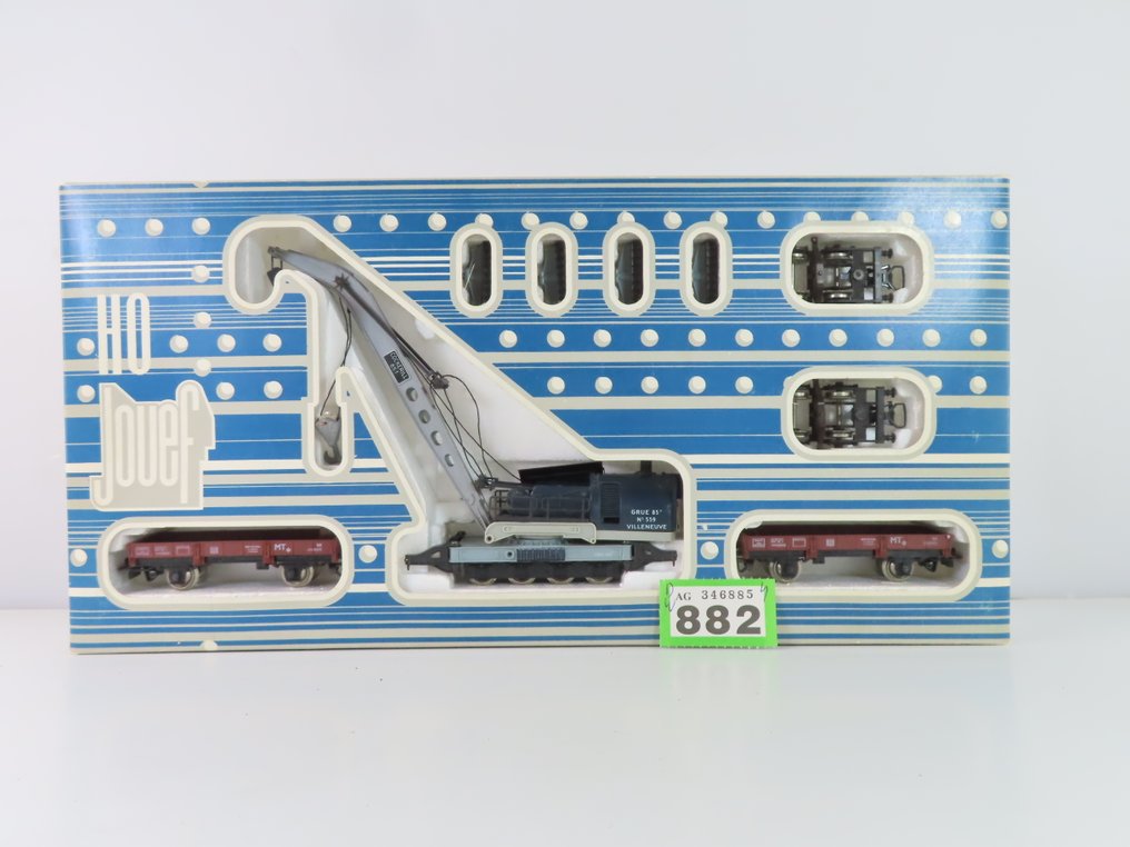 Jouef H0 - 6963 - Modeltog godsvogn sæt (1) - 3-delt kranvognsæt med 8-akslet kranvogn og ledsagende lave åbne ladbiler - SNCF #3.2