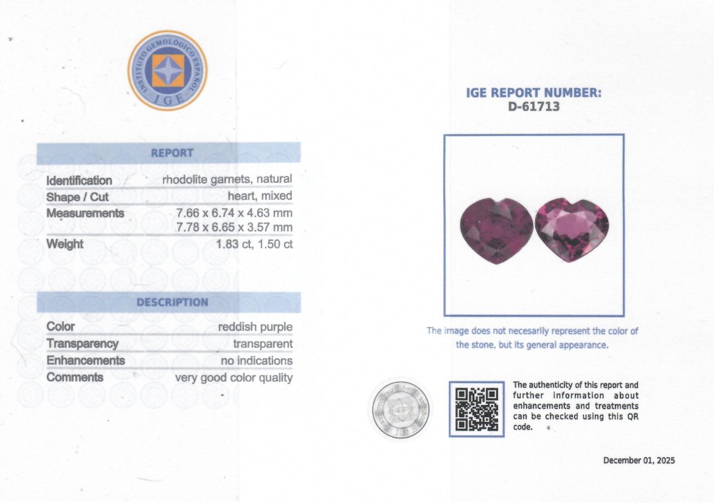 2 pcs  Grenat, Rhodolite  - 3.33 ct - Instituto Gemólogico Español (IGE) - Sans traitement #2.1