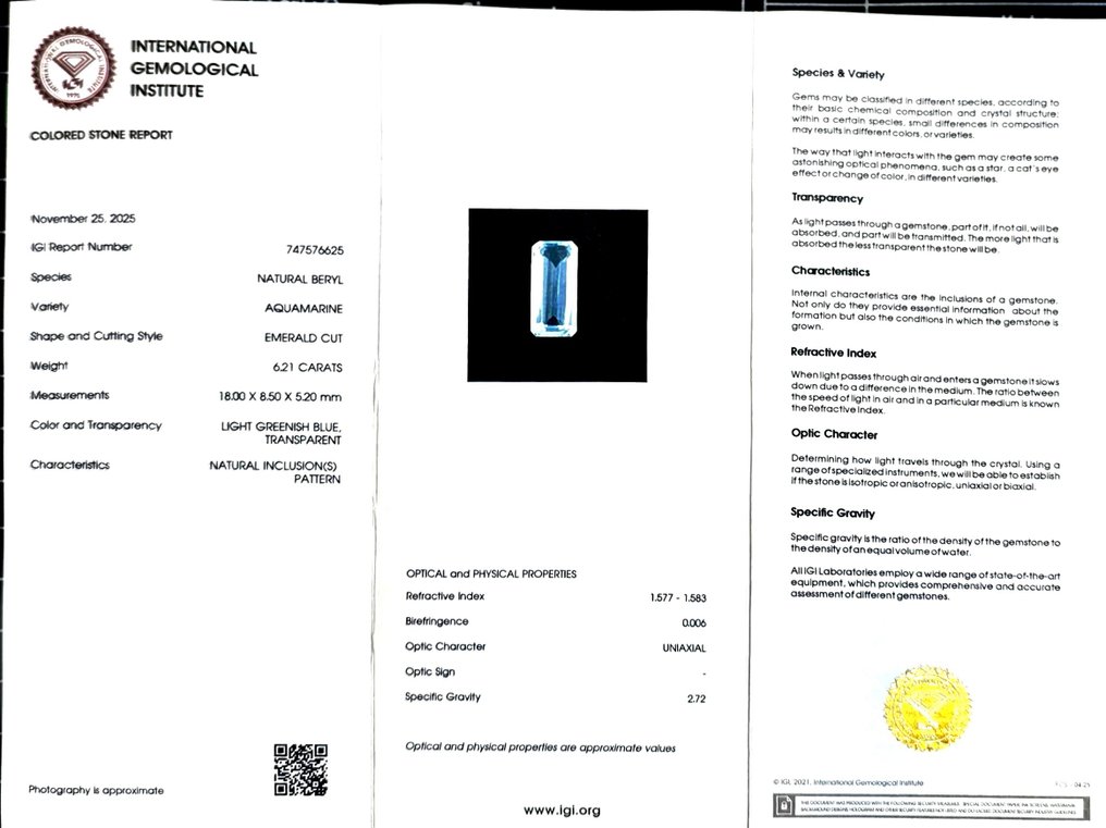 没有保留价 蓝色 海蓝宝石  - 6.21 ct - 国际宝石研究院（IGI） #2.1