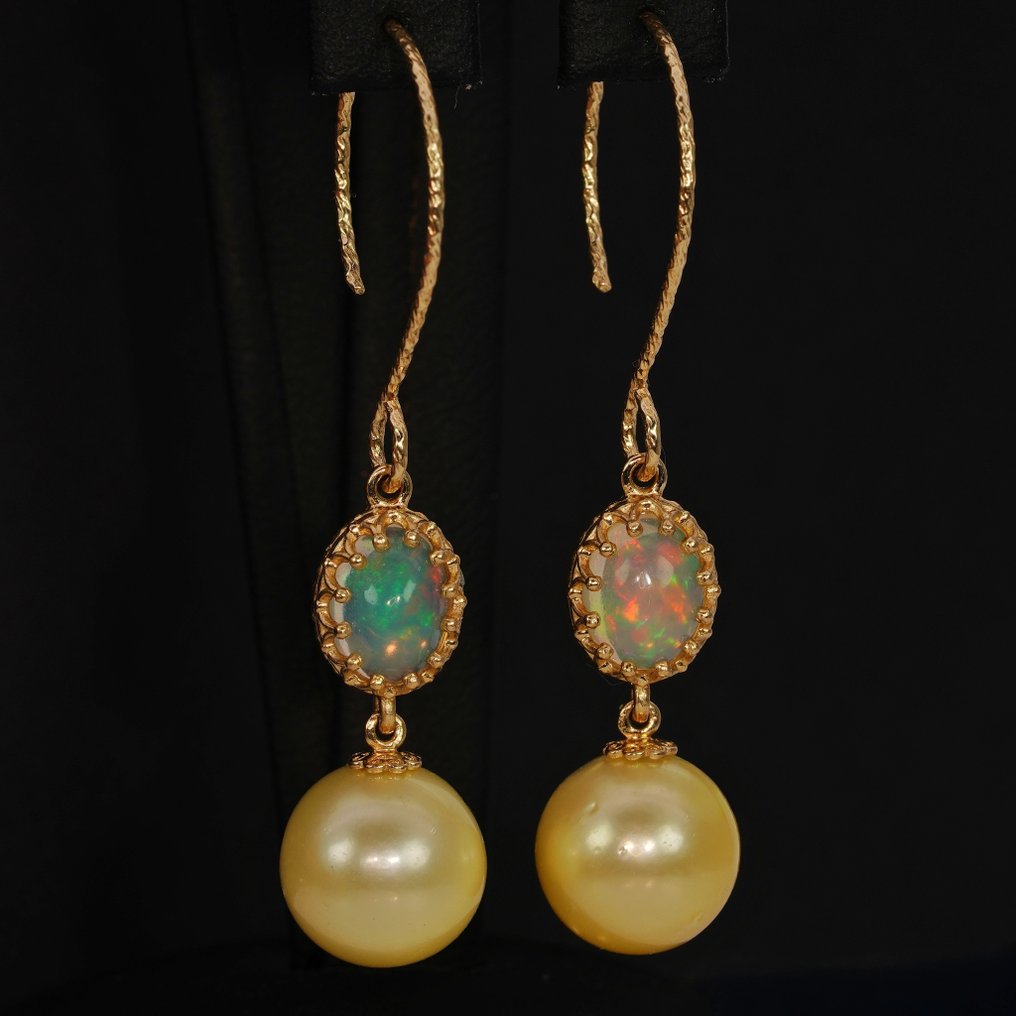 没有保留价 - 鸡尾酒耳环 - 14K包金 黄金 蛋白石 - 珍珠 - 欧泊&南洋珍珠 #3.2