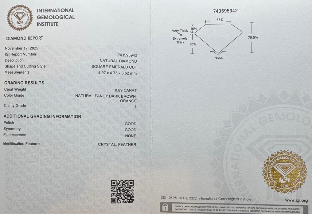 没有保留价 - 1 pcs 钻石  (天然色彩的)  - 0.89 ct - 方形 - Fancy dark 棕色 橙色 - I1 内含一级 - 国际宝石研究院（IGI） #2.1