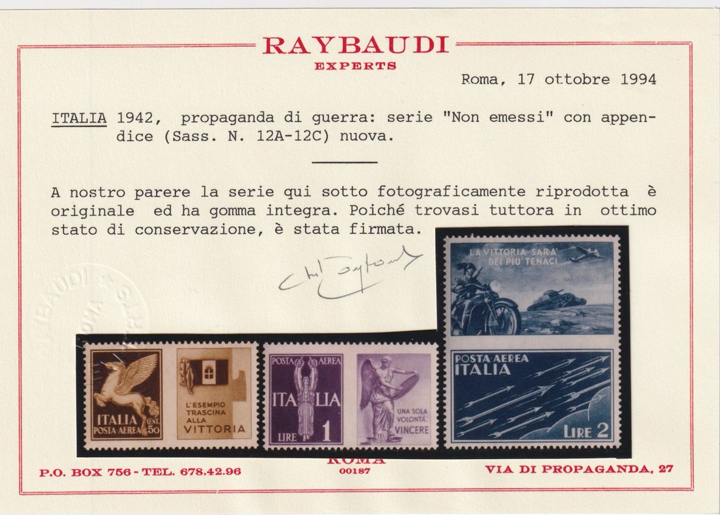 意大利王国 1942 - 战争宣传，奢华品质，MNH**，非常好的居中性，Raybaudi证书 - Sassone 12A-12C #2.1