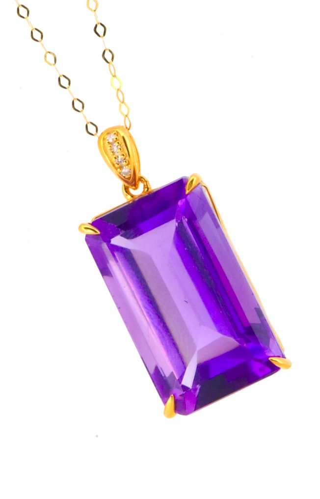 Zonder Minimumprijs - Hanger - 14 karaat Geel goud Amethist - Diamant #4.3
