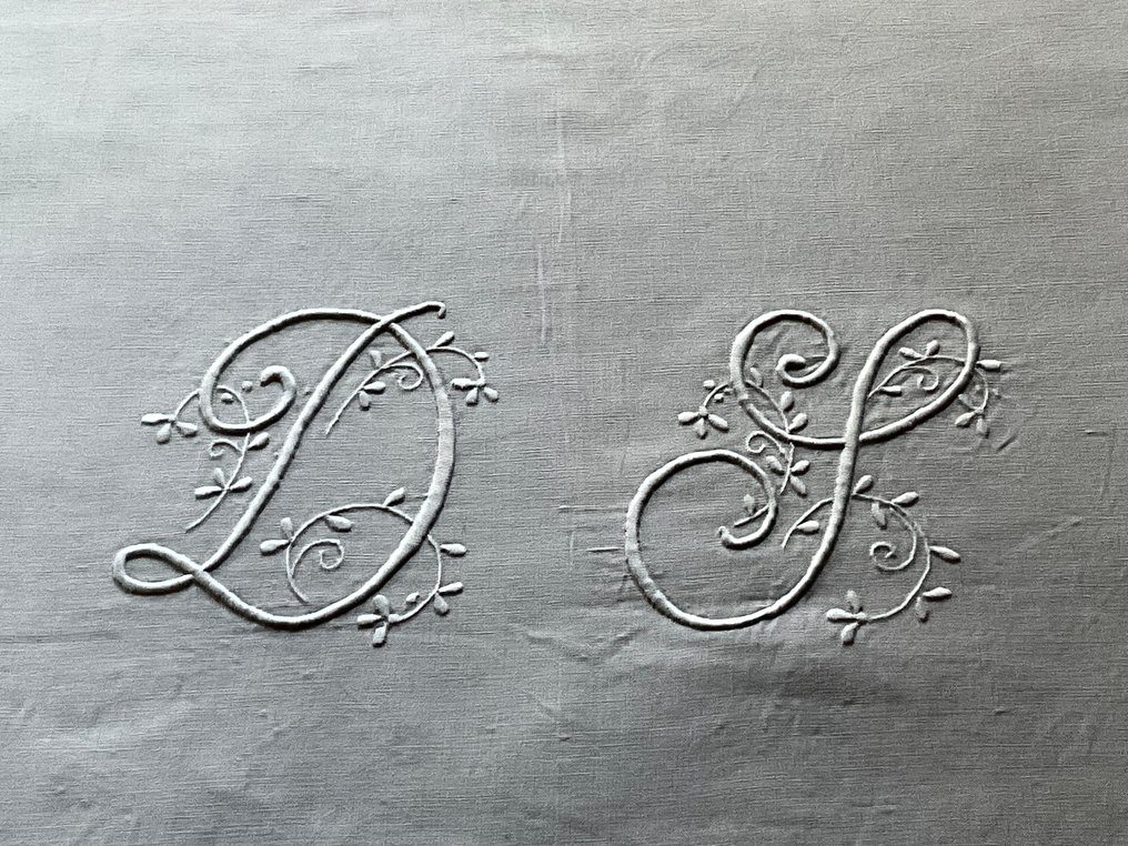 Λινό κρεβατοκάλυμμα από τις αρχές του 20ού αιώνα Richelieu με αρχικά D.S. - Ύφασμα - 3.2 m - 2.05 m #2.1