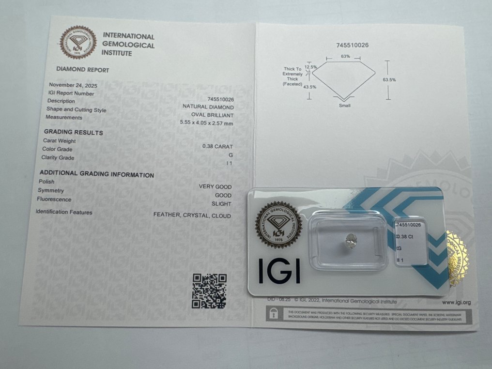 没有保留价 - 1 pcs 钻石  (天然)  - 0.38 ct - 椭圆形 - G - I1 内含一级 - 国际宝石研究院（IGI） #2.1