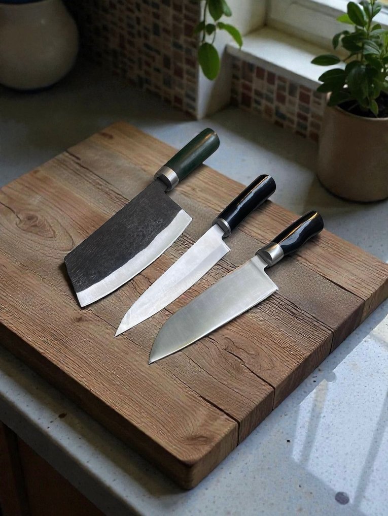 Set of THREE, Hand-Forged with Old Steel, Japanese Style Knives from Elite - 廚刀 - Chef's knife - 鋼, 木, 精致的三件套,手工锻造的日本旧钢复古刀具 - 日本 #4.3