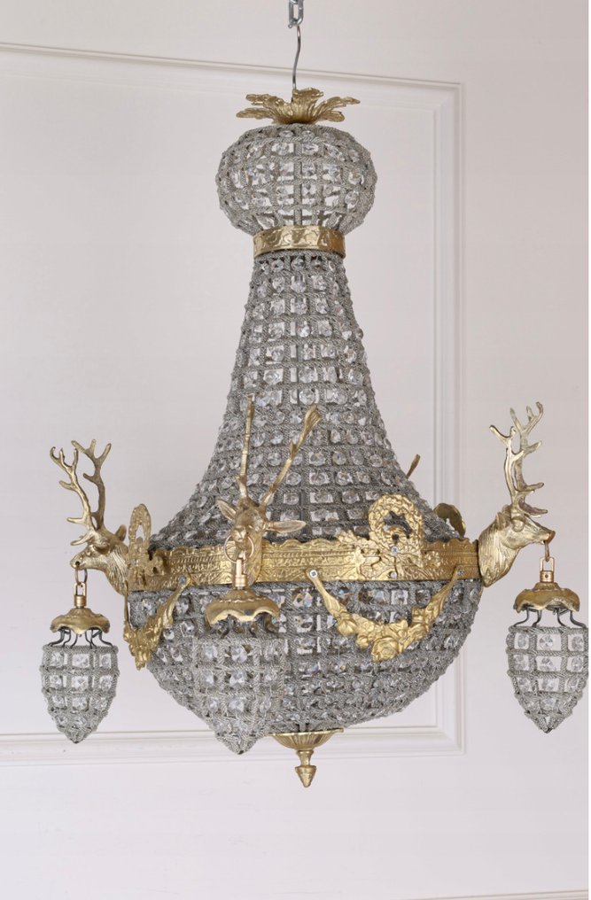 枝形吊灯 - 壮观水晶“狩猎”吊灯 – 宫殿风格 – 黄铜与鹿角装饰 – 80厘米 - 水晶, 黄铜 #1.0
