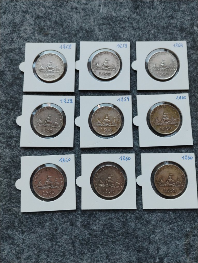 義大利共和國 500 Lire 1958-1959-1960 Argento (9 monete)  (沒有保留價) #1.0
