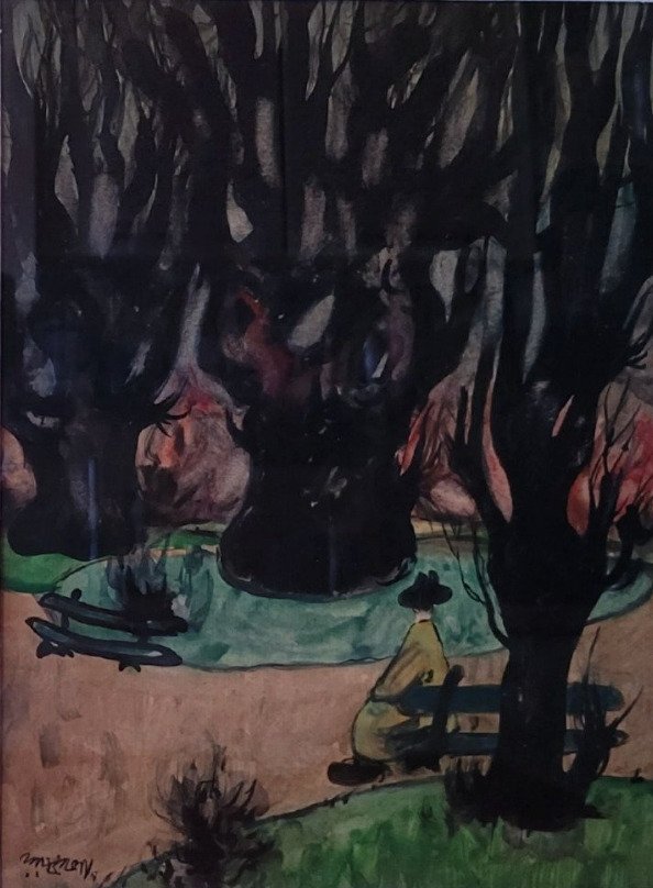 Giacinto Mondaini (1902-1979) - Scorcio di parco con personaggio #1.0