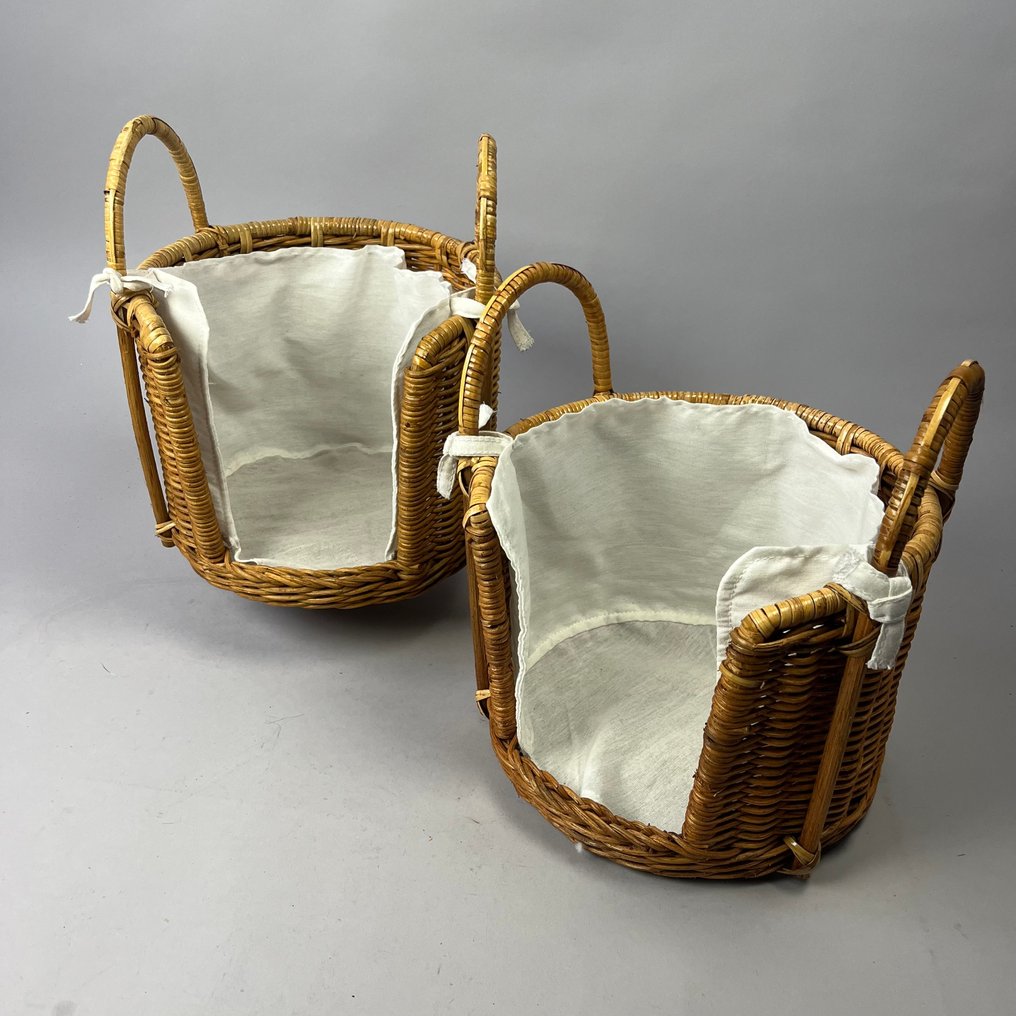 Καλάθι (2) - Κάδοι αποθήκευσης από wicker - Platecarriers, με υφασμάτινες επενδύσεις. - Rattan, Λινό #2.1