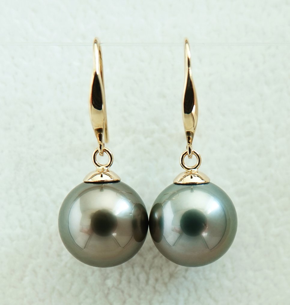 没有保留价 - 耳环 - 18K包金 黄金 珍珠 - 金色蓝绿色,圆形 #1.0