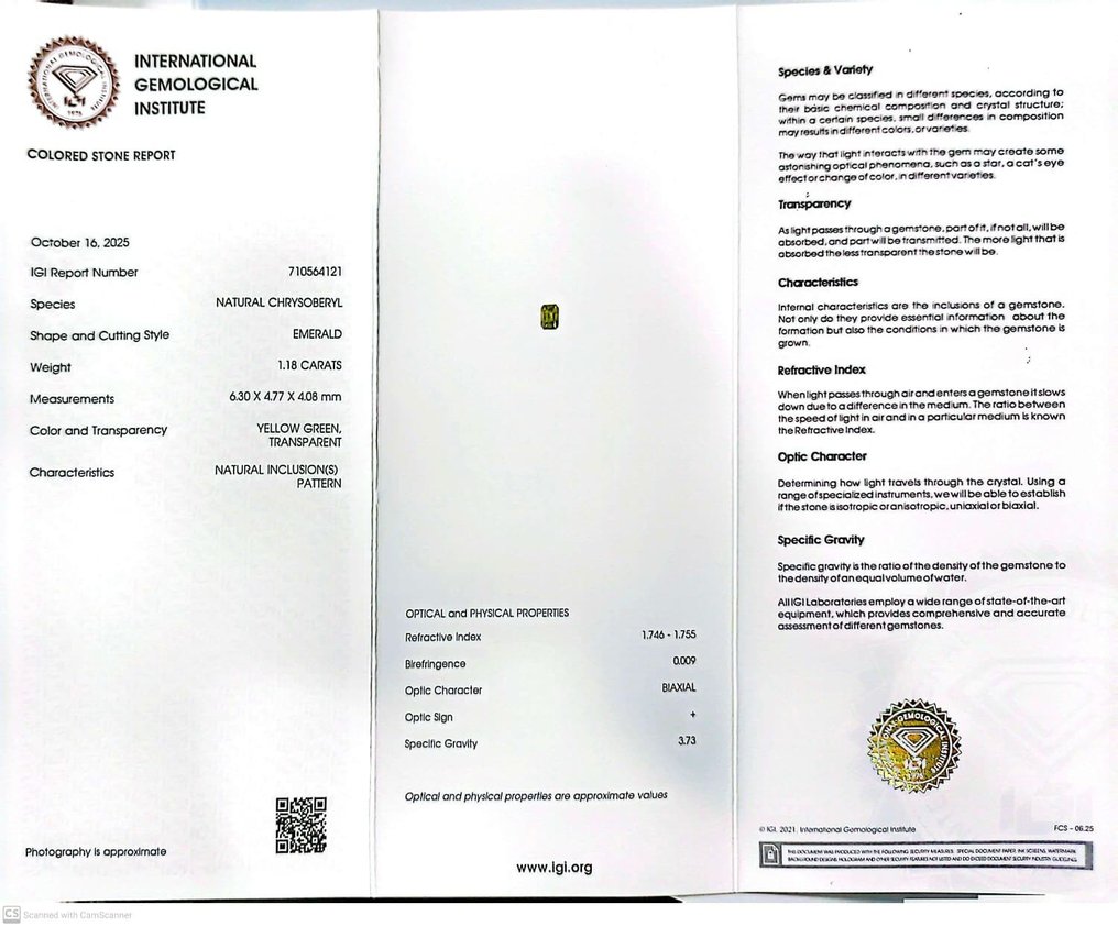 Sans Prix de Réserve Jaune, Vert Chrysobéryl  - 1.18 ct - International Gemological Institute (IGI) #2.1