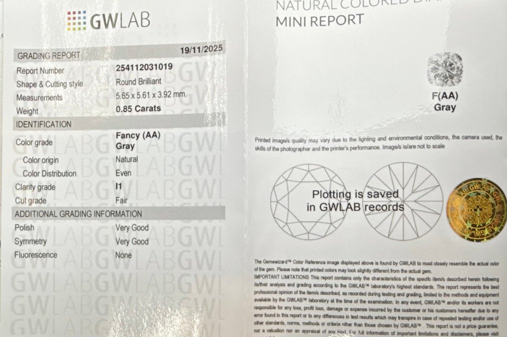 没有保留价 - 1 pcs 钻石 (天然色彩的) - 0.85 ct - 圆形 - Fancy 灰色 - I1 内含一级 - Gemewizard宝石实验室(GWLab) #2.1