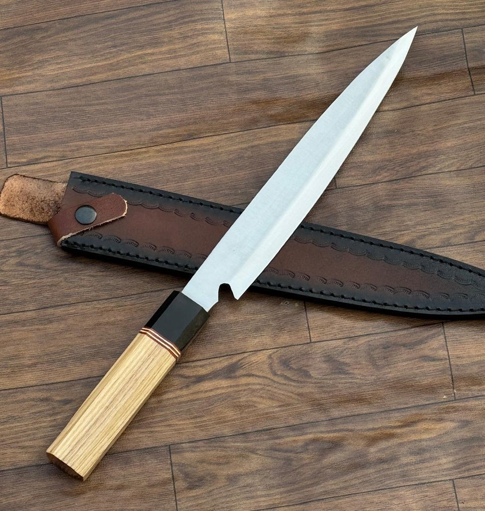 厨刀 - 日式风格。手工厨房刀，非洲乌木。升起，皮革10/45 - 亚洲 #1.0