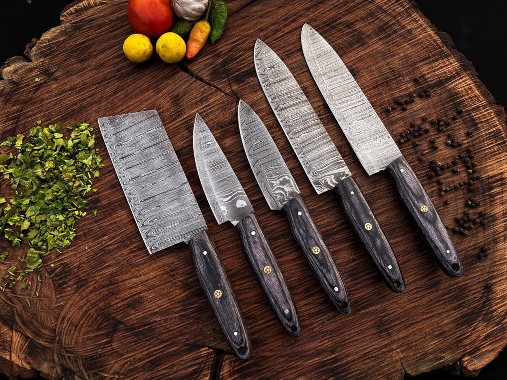 Keittiöveitsi - Kitchen knife set - Kicthen Chef veitsisetti tarkoituksella päivittäiseen käyttöön sisä- ja ulkotiloissa (UZ-285) - Amerikkalainen eksoottinen puukahva ja taitettu teräs. - Yhdysvallat - keittiöveitsisetti #1.0