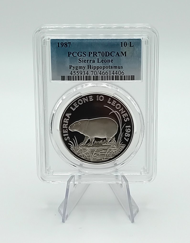 Serra Leoa. 10 Leones 1987 World Wildlife Fund (WWF) Pygmy Hippopotamus, PCGS PR70DCAM (Sem preço de reserva) #1.0