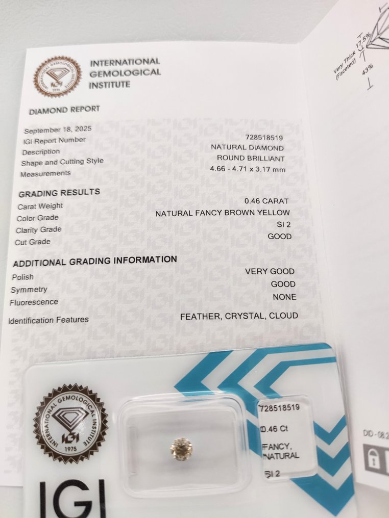 χωρίς τιμή ασφαλείας - 1 pcs Διαμάντι (Φυσικού χρώματος) - 0.46 ct - Στρογγυλό - Fancy Καφέ Κίτρινο - SI2 - International Gemological Institute (IGI) #3.2